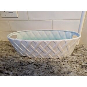 Serving Bowl/Basket/Planter White Ceramic Lattice With Green Gradient Interior